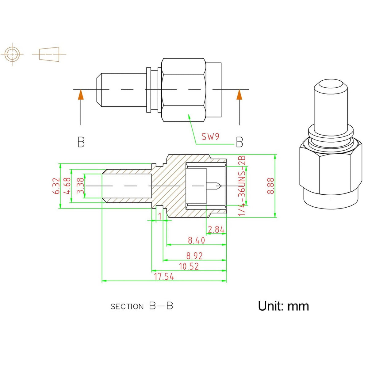 SMA male connector dimension diagram with mm measurements and section B-B view