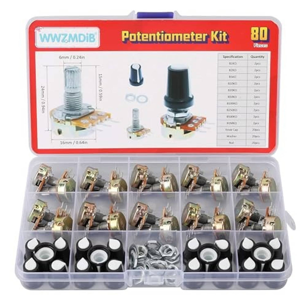 Potentiometer kit with knobs, assorted rotary potentiometers in clear organizer case