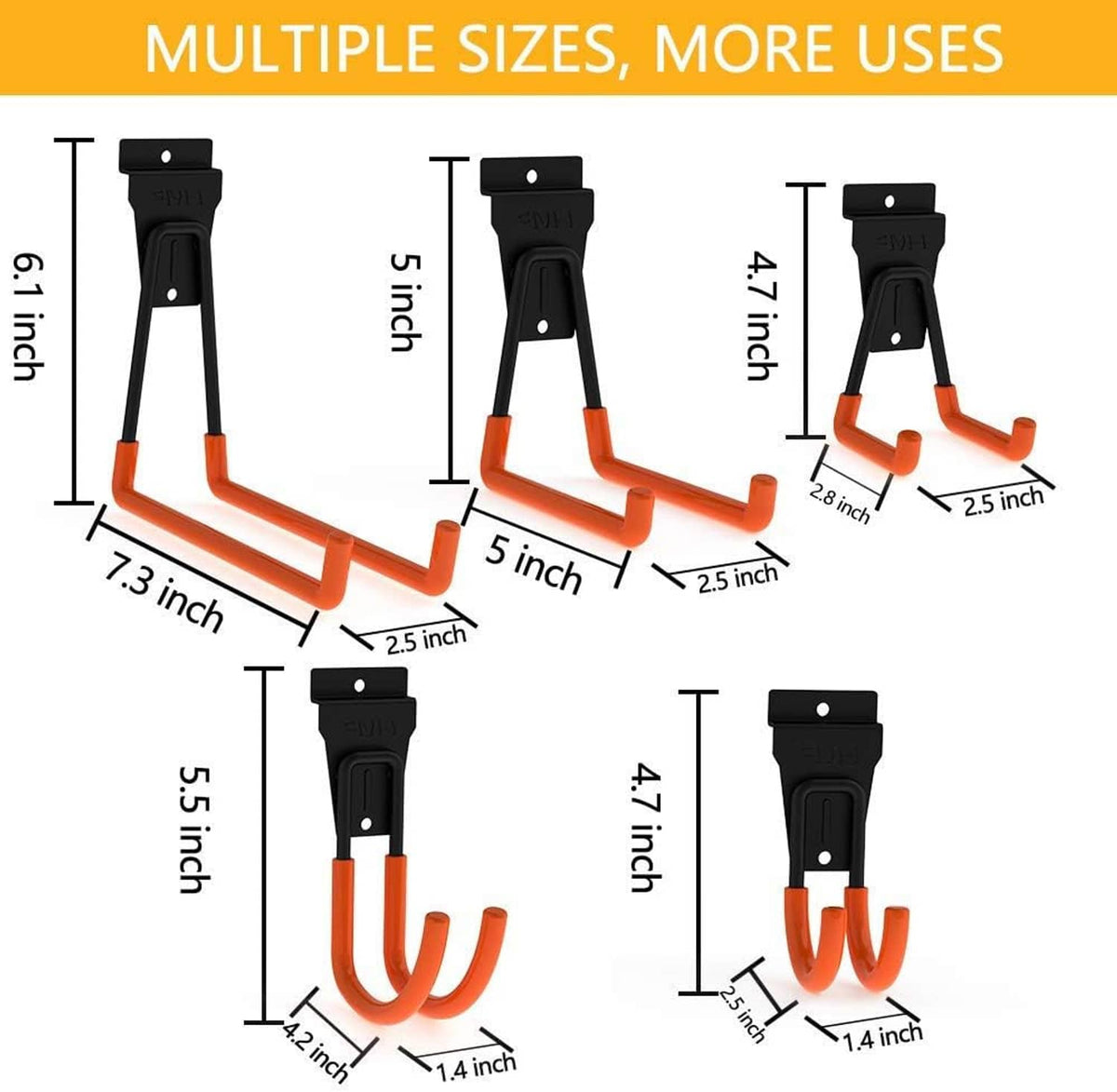 Black slatwall hooks with orange anti-slip rubber U holders, multiple sizes