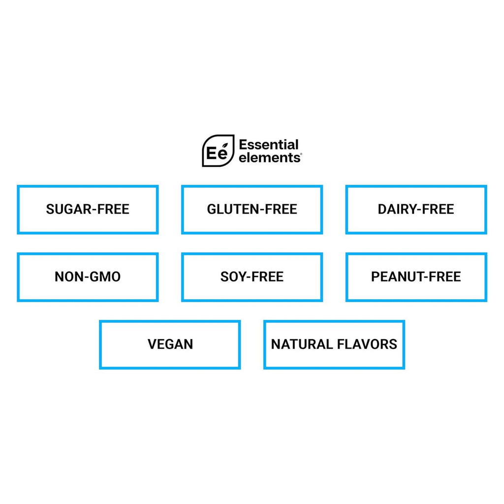 Free-from badges: sugar-free, gluten-free, dairy-free, non-GMO, soy-free, peanut-free.