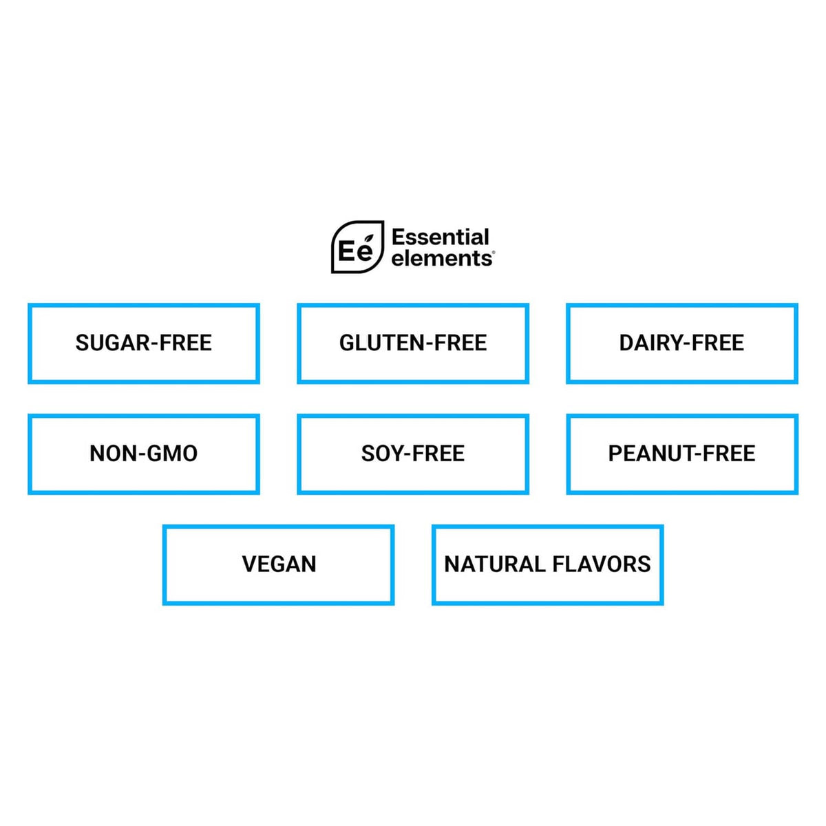 Free-from badges: sugar-free, gluten-free, dairy-free, non-GMO, soy-free, peanut-free.