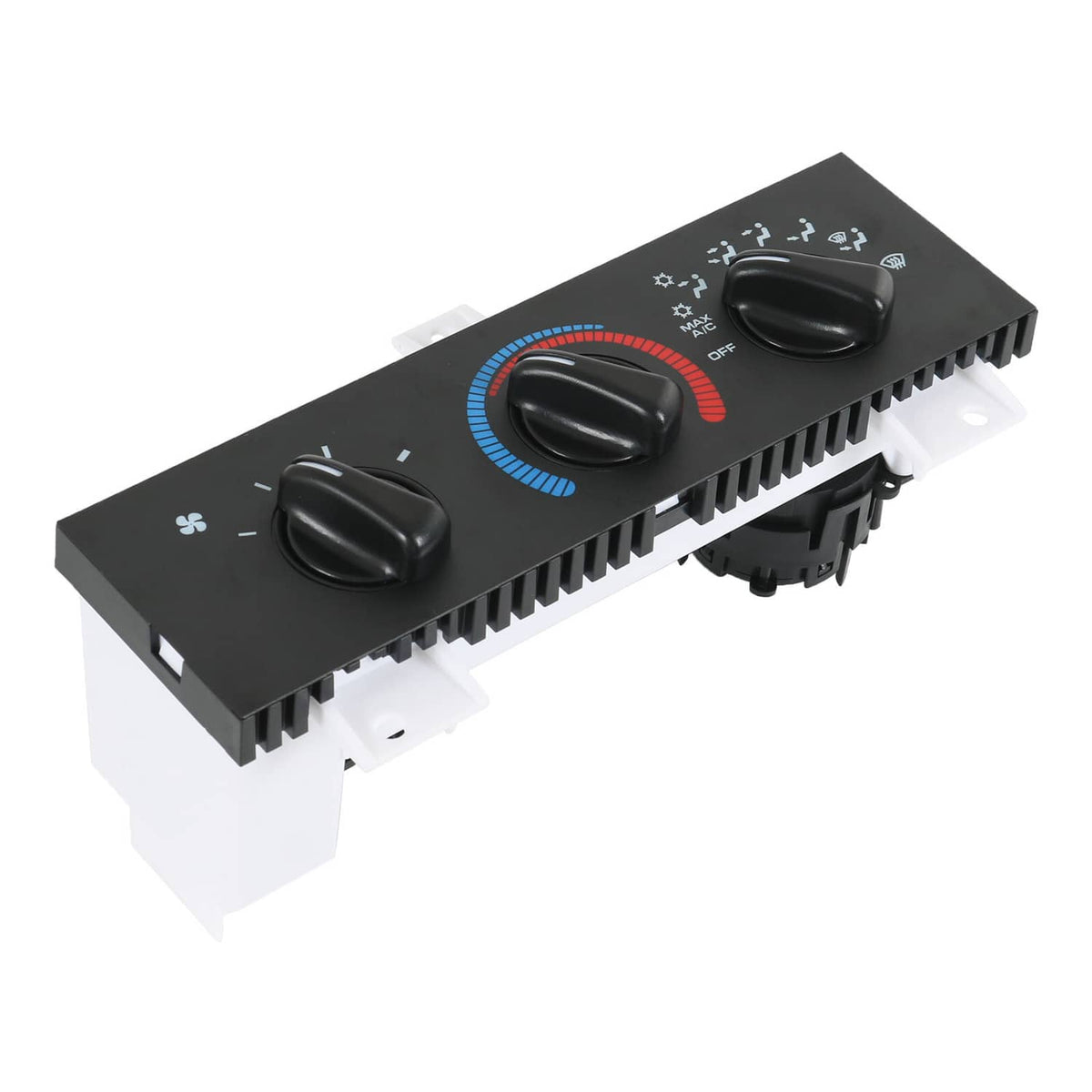 Manual climate control panel with three black knobs and blue/red temperature dial