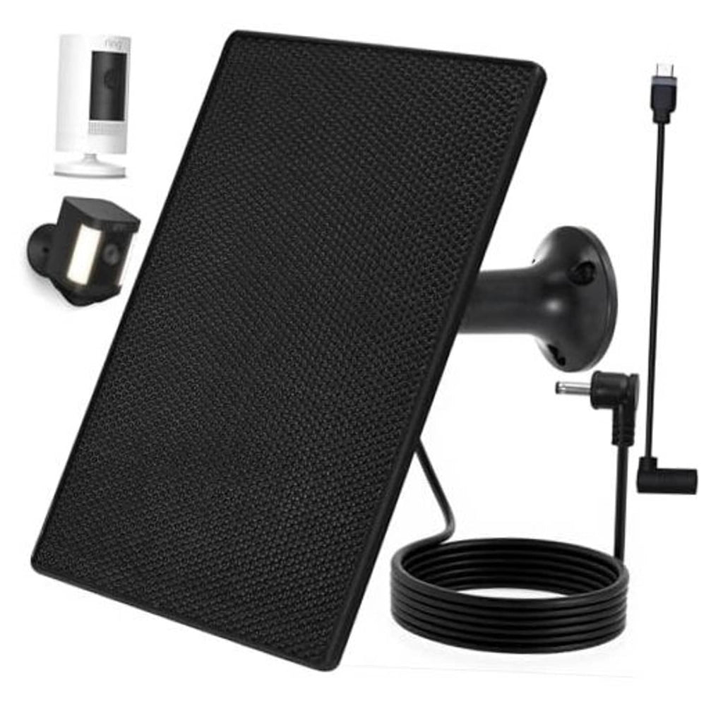 Black solar panel charger with mounting arm and coiled power cable