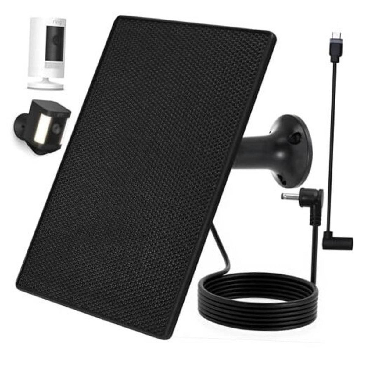 Black solar panel charger with mounting arm and coiled power cable