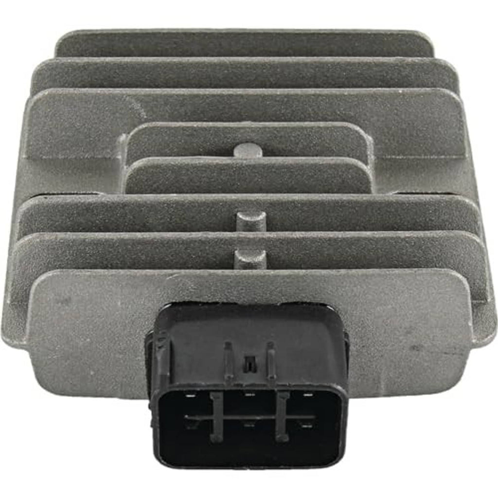 Gray voltage regulator rectifier with stacked cooling fins and front wiring plug connector
