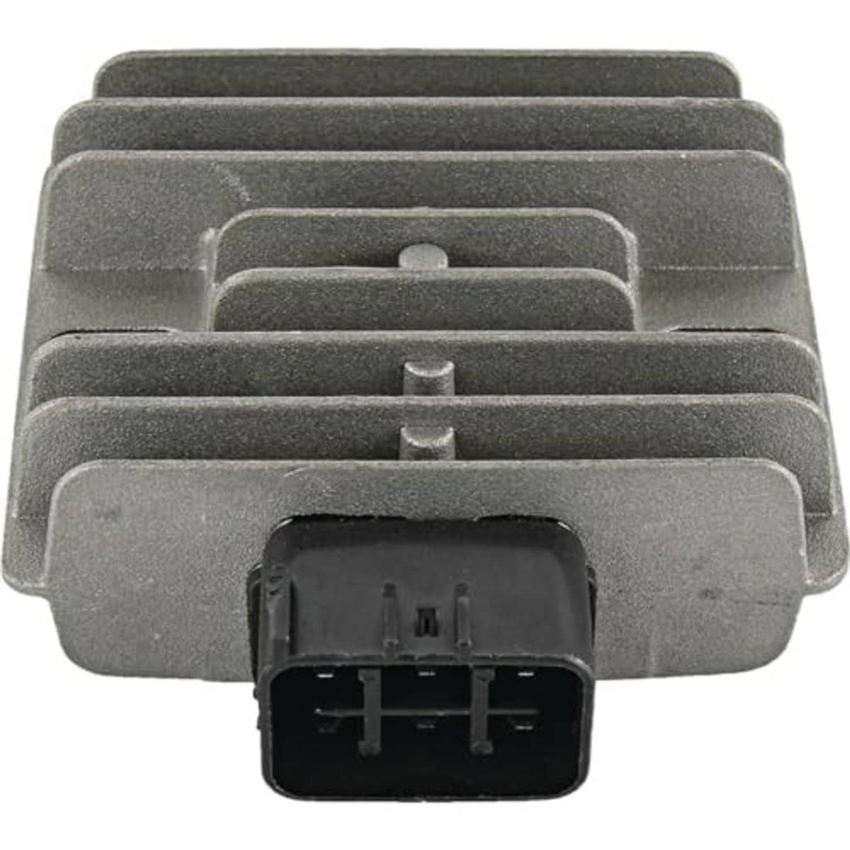 Gray voltage regulator rectifier with stacked cooling fins and front wiring plug connector