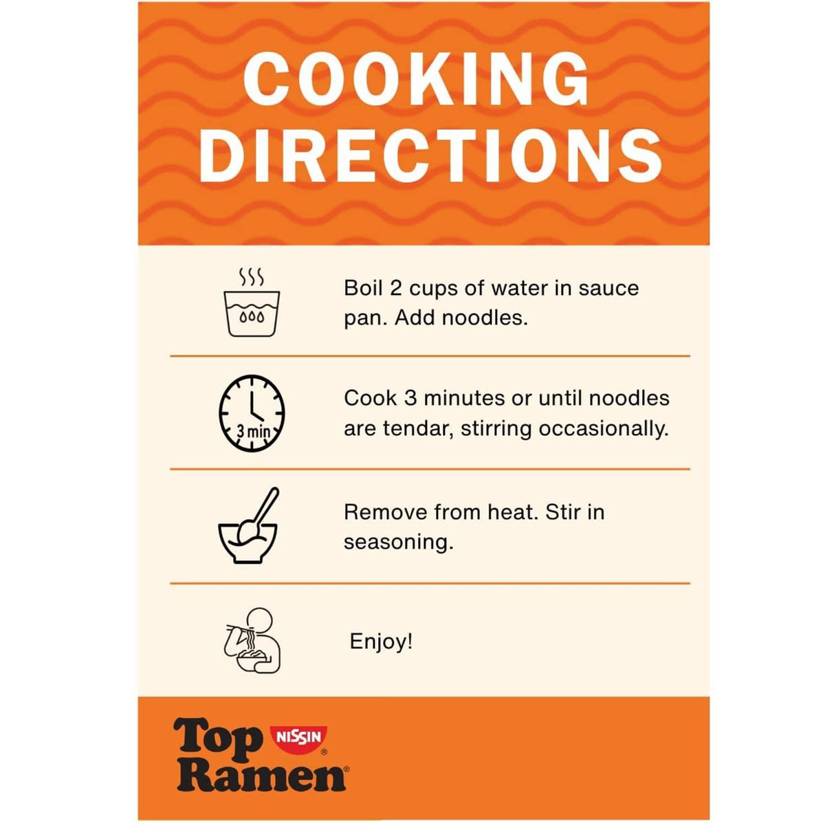 Top Ramen cooking directions card with boil, cook, stir, and enjoy steps