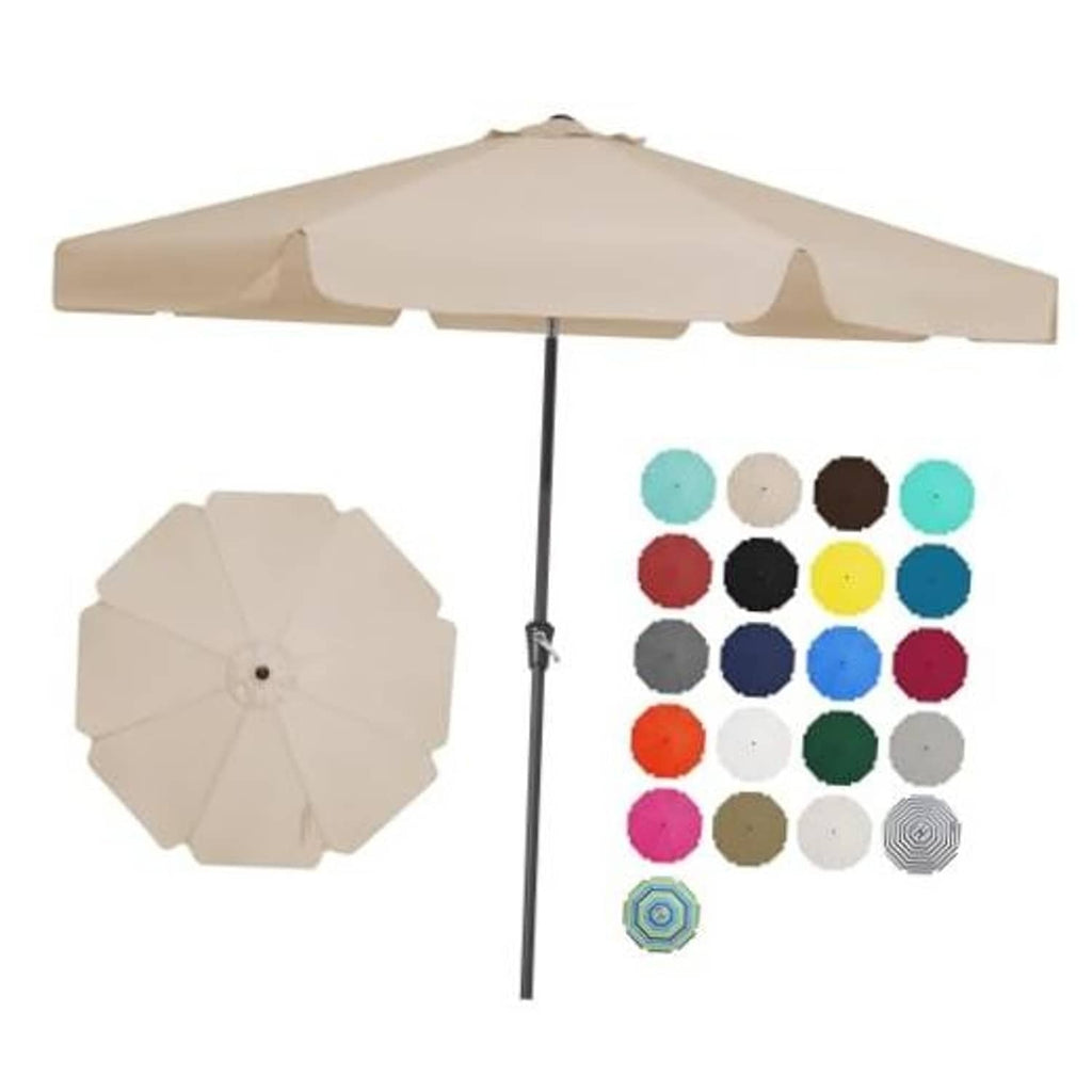 Beige 9 ft patio market umbrella with open canopy and central support pole