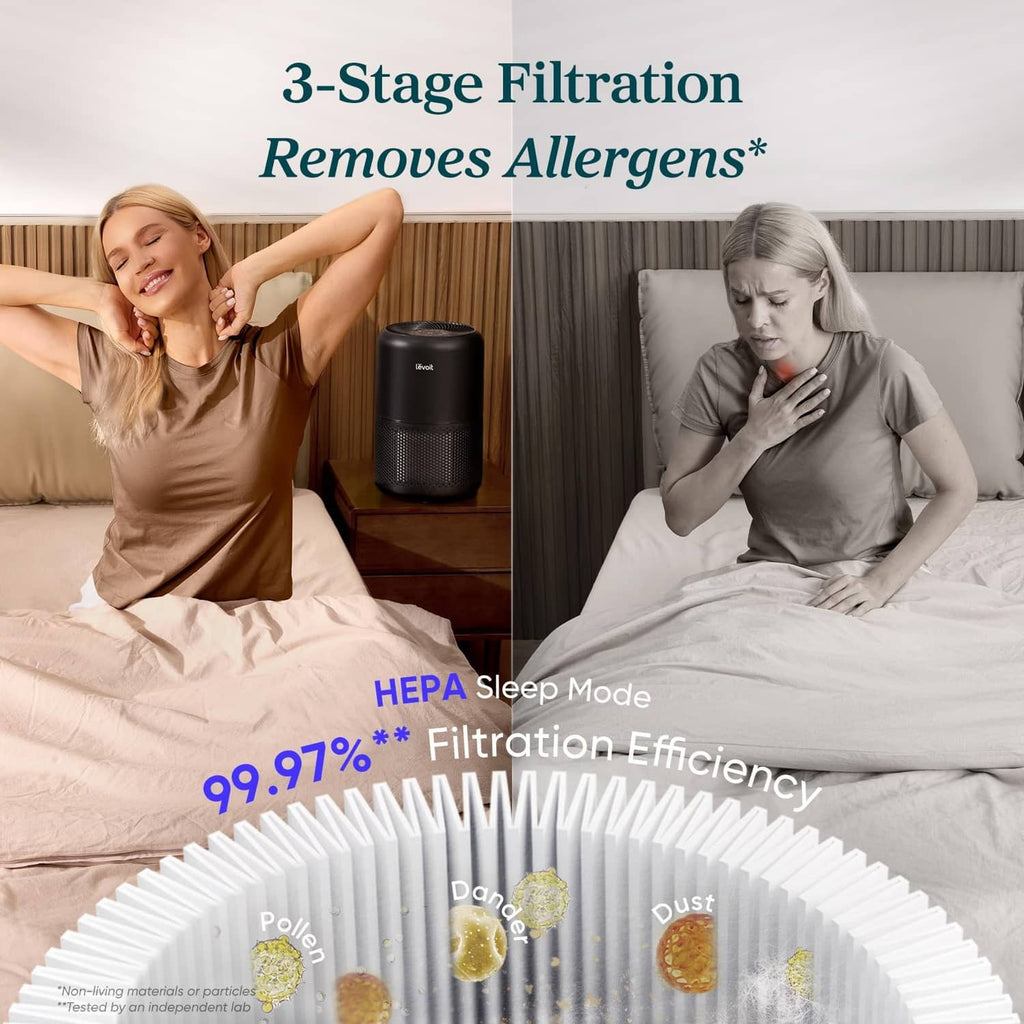 Black air purifier with 3-stage filtration illustration and HEPA sleep mode