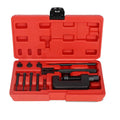 Motorcycle chain breaker and riveter tool kit in red plastic case with black press tool