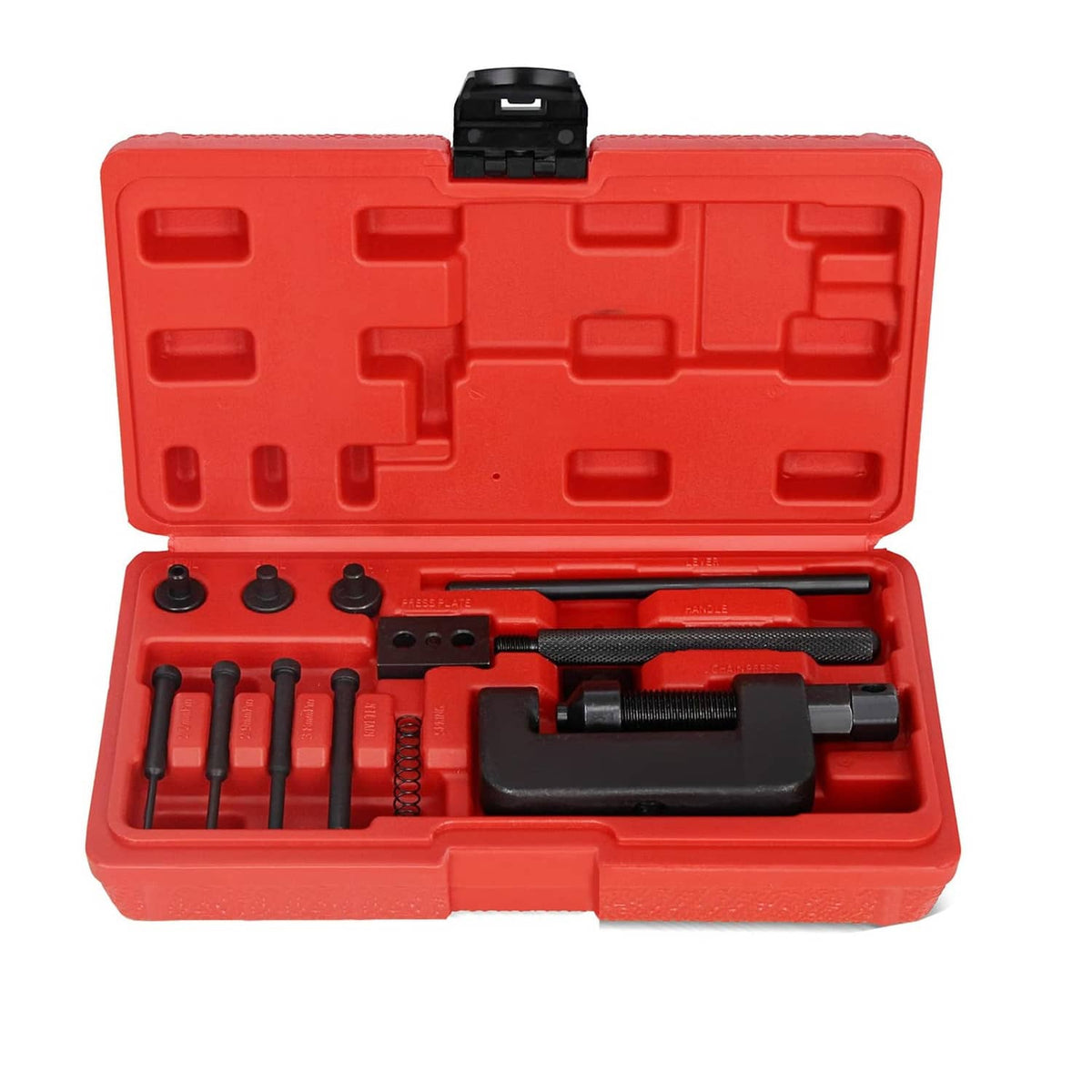 Motorcycle chain breaker and riveter tool kit in red plastic case with black press tool
