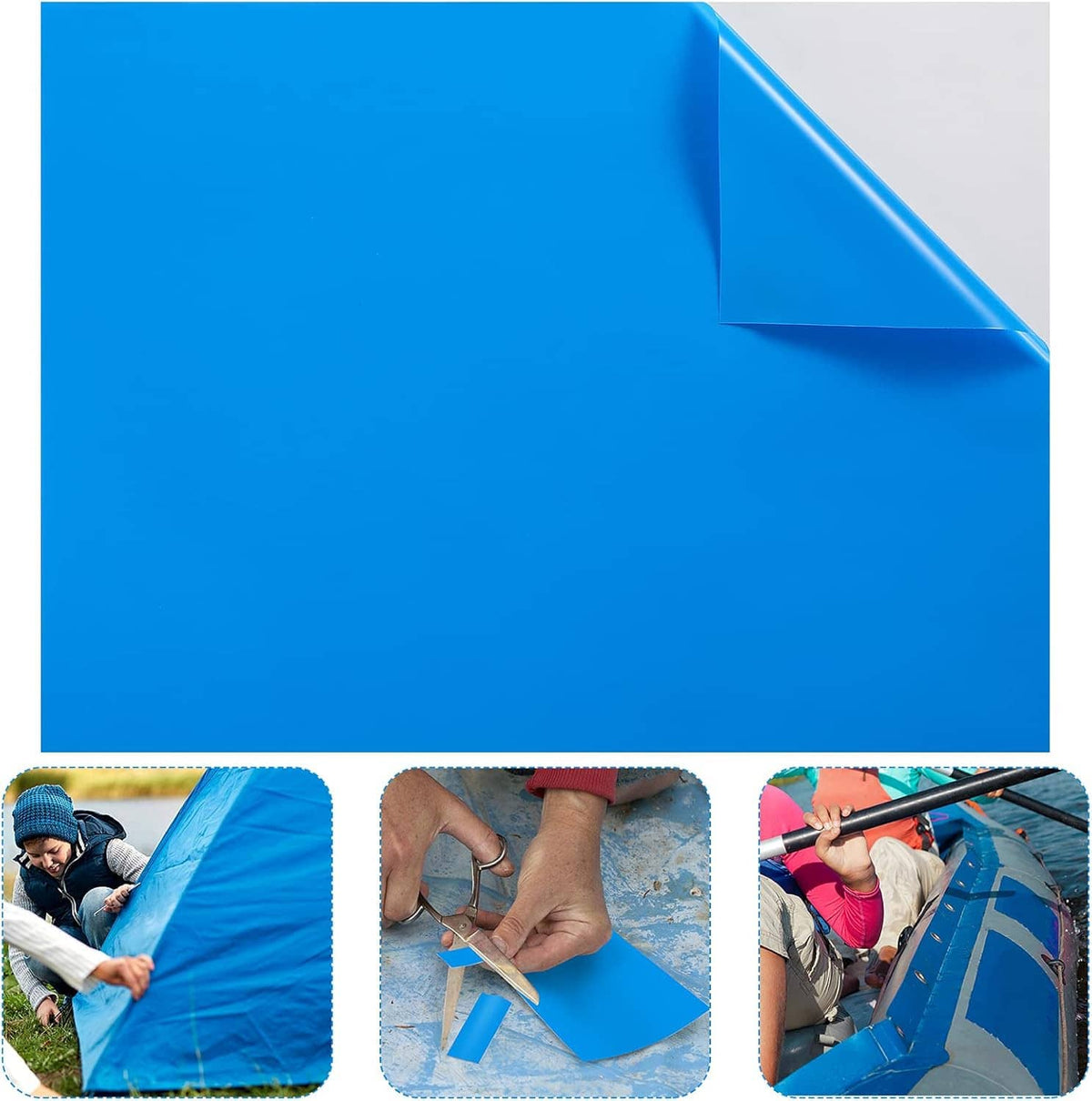 Blue self-adhesive vinyl repair patch sheet for pool liner fixes, with close-up insets