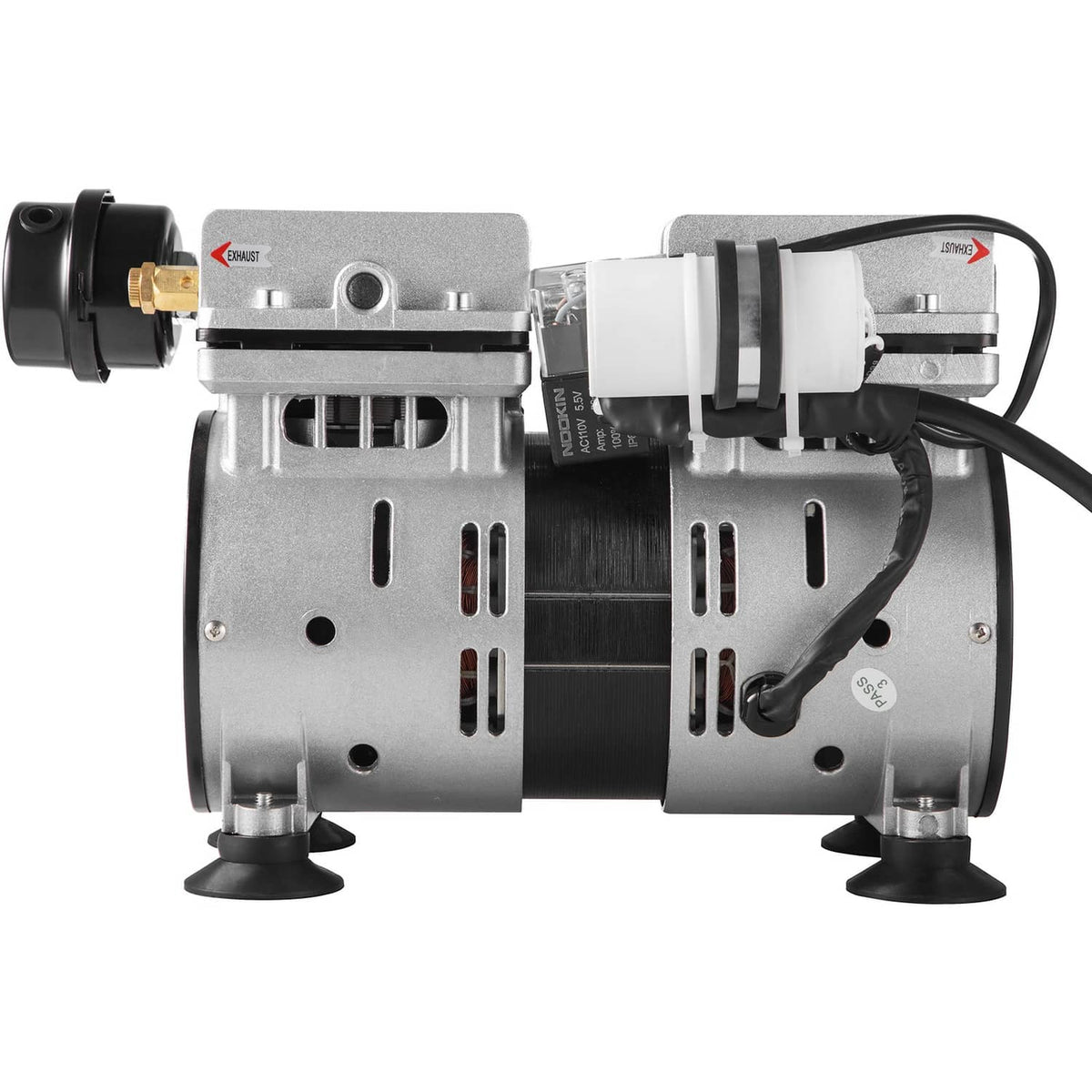 Pond aeration pump motor with black power cable, silver housing, front inlet ports