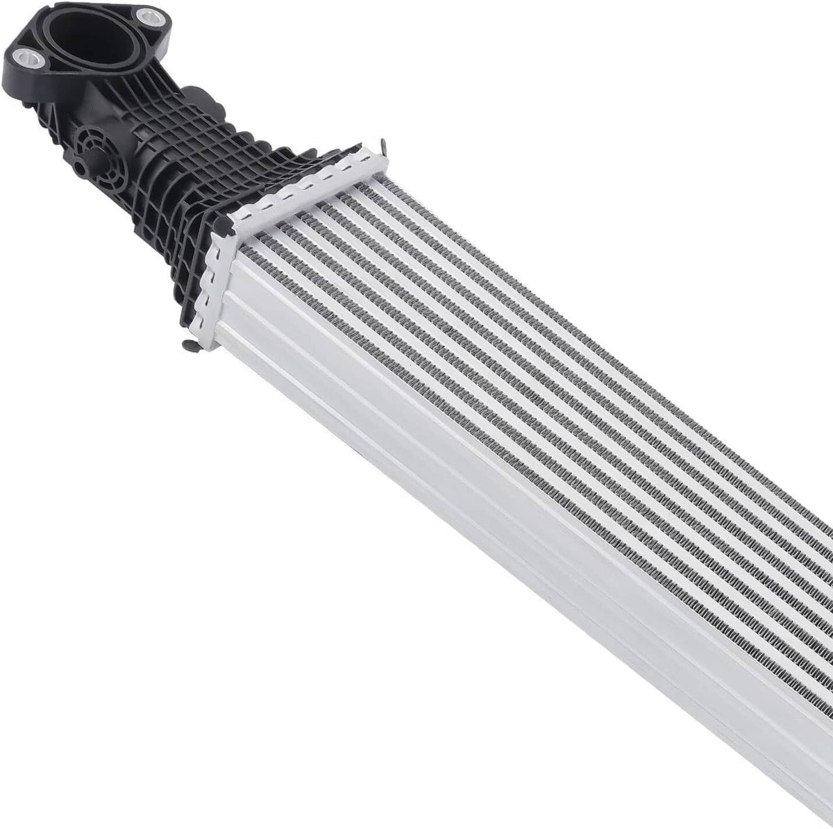 Turbo charge air intercooler with black plastic inlet flange and silver fin core