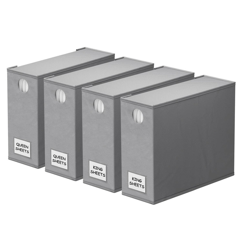 Gray foldable sheet storage set of 4 with lidded boxes and round pull handles