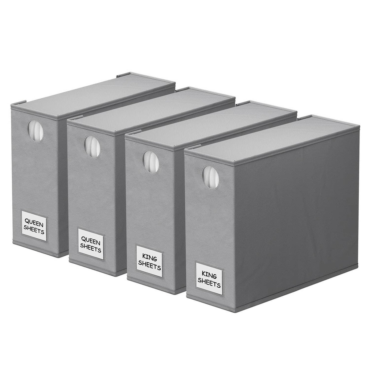 Gray foldable sheet storage set of 4 with lidded boxes and round pull handles