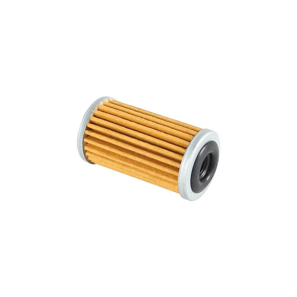 Transmission oil filter cartridge with orange pleated media and gray end ring