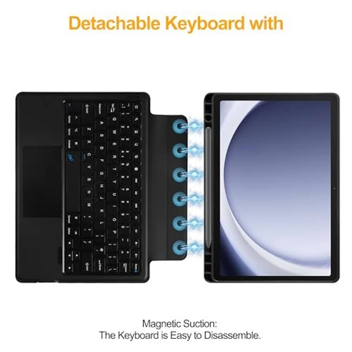 Black detachable keyboard tablet case with cover and trackpad