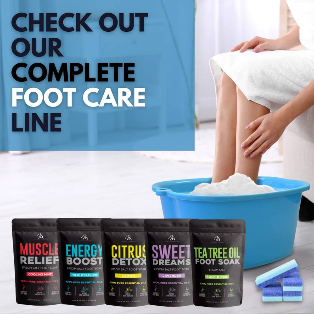 Blue foot bath tub with towels and soaking setup for foot care