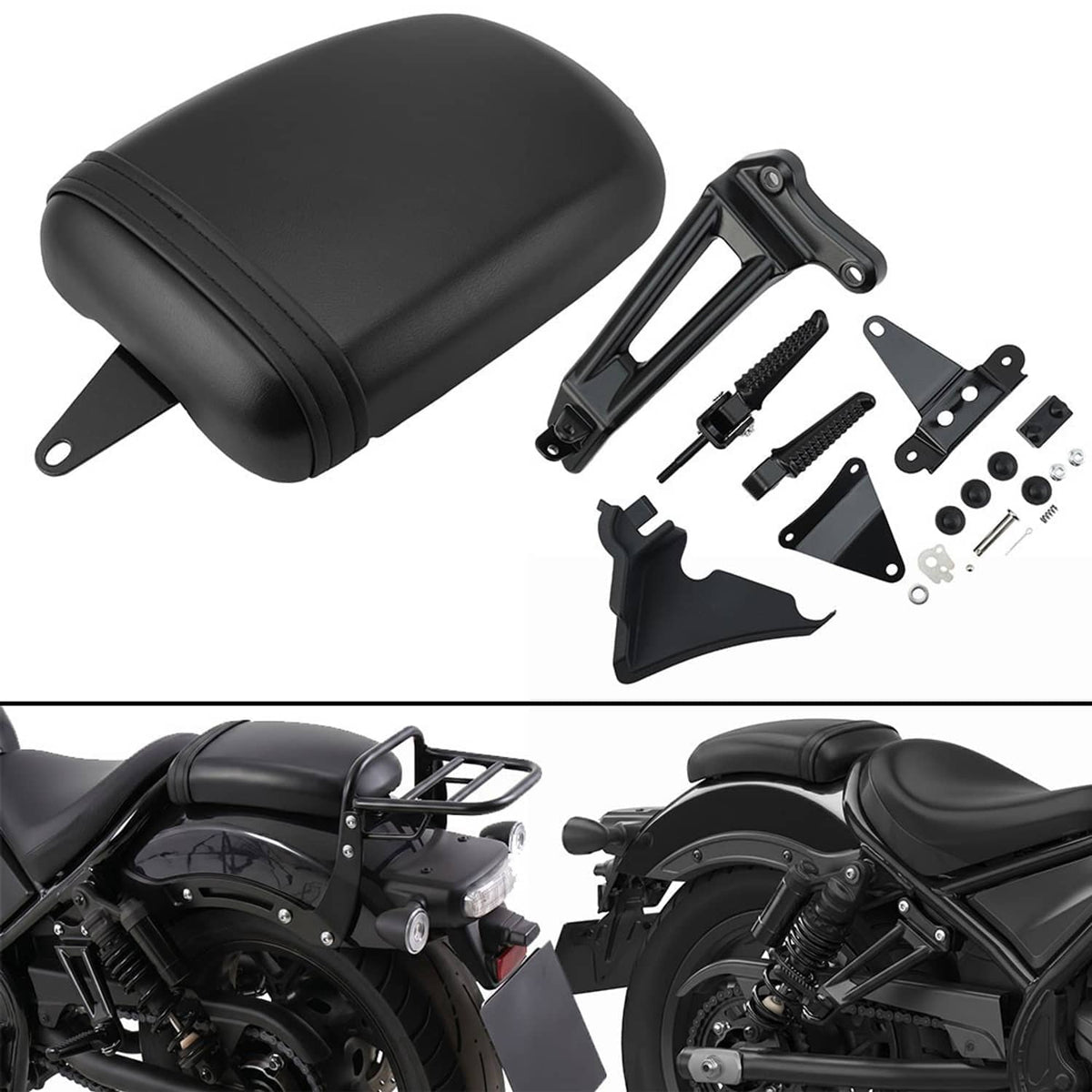 Black passenger seat with footpeg and mounting bracket set
