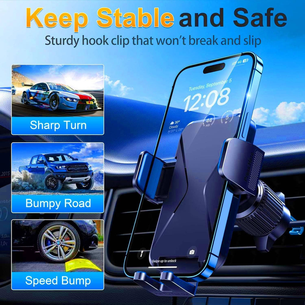 Car vent phone holder with sturdy spring-style clip, smartphone seated in cradle