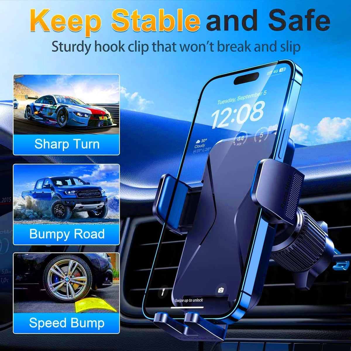 Car vent phone holder with sturdy spring-style clip, smartphone seated in cradle