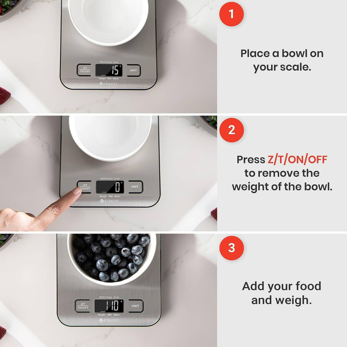 Kitchen digital scale with bowl on platform and finger pressing power button