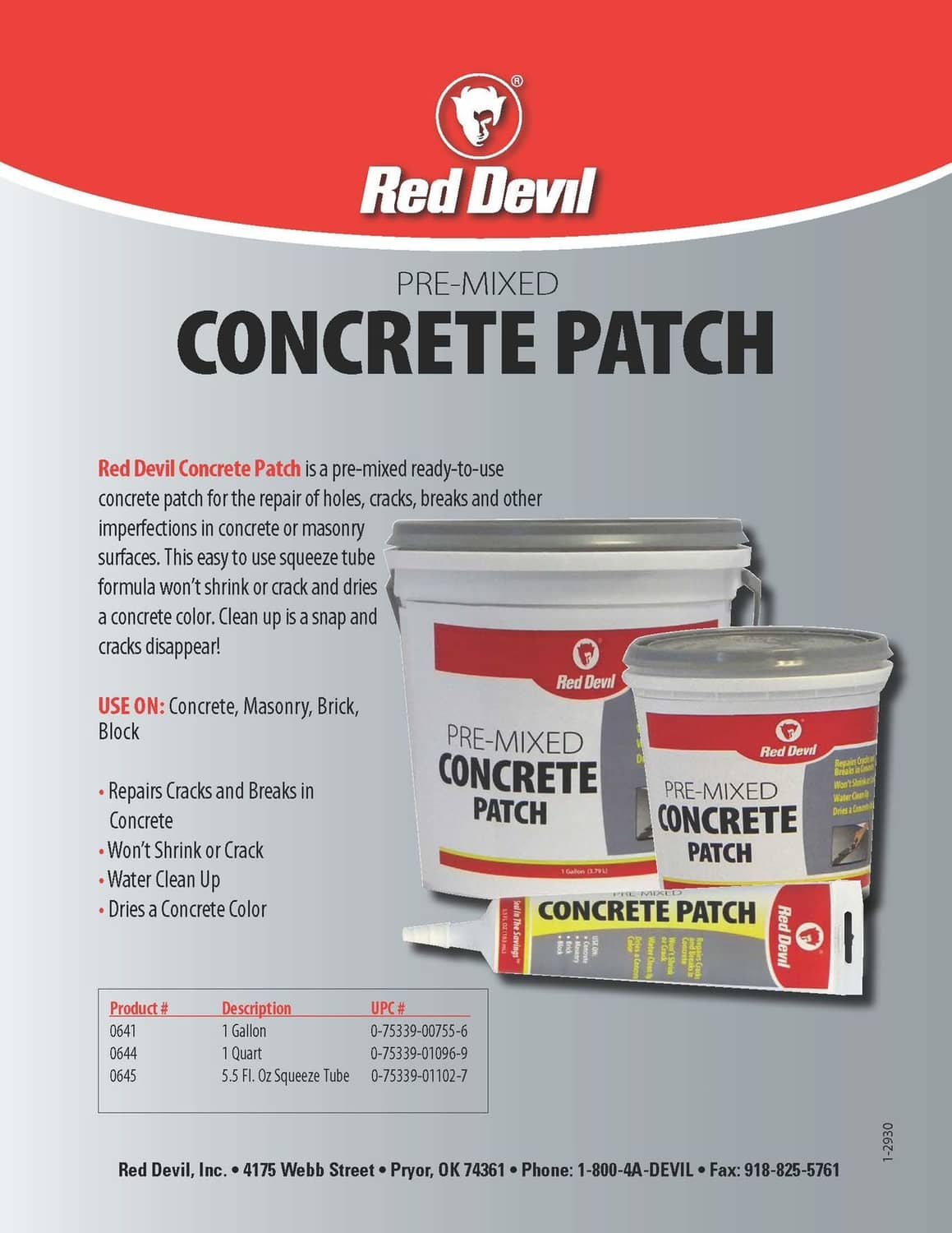 Red Devil pre-mixed concrete patch package back label with usage directions