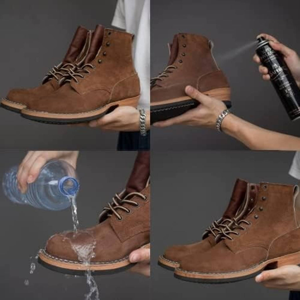 Waterproof spray applied to brown lace-up boots; hand holding spray bottle