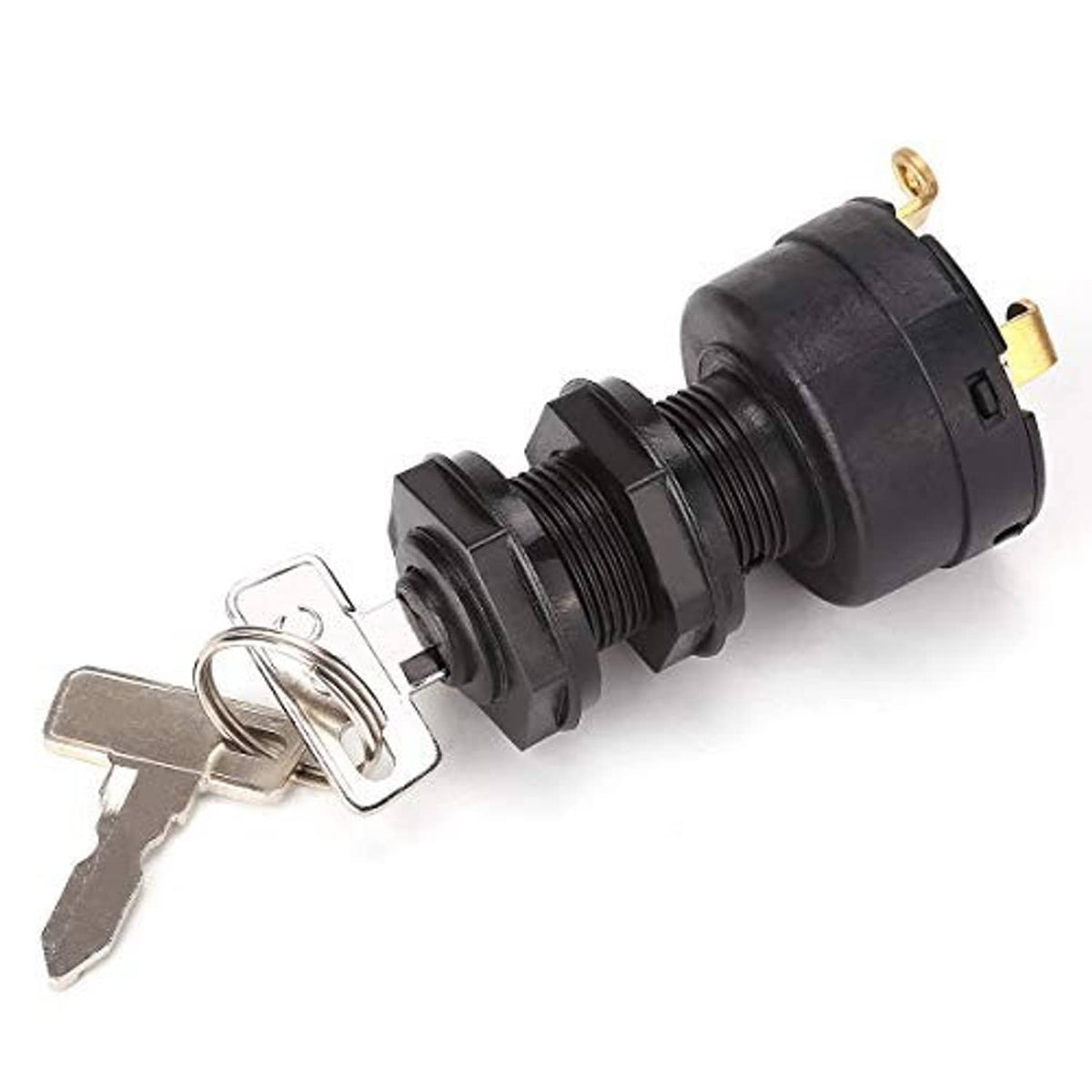 Ignition key switch with keys attached and black threaded mounting housing