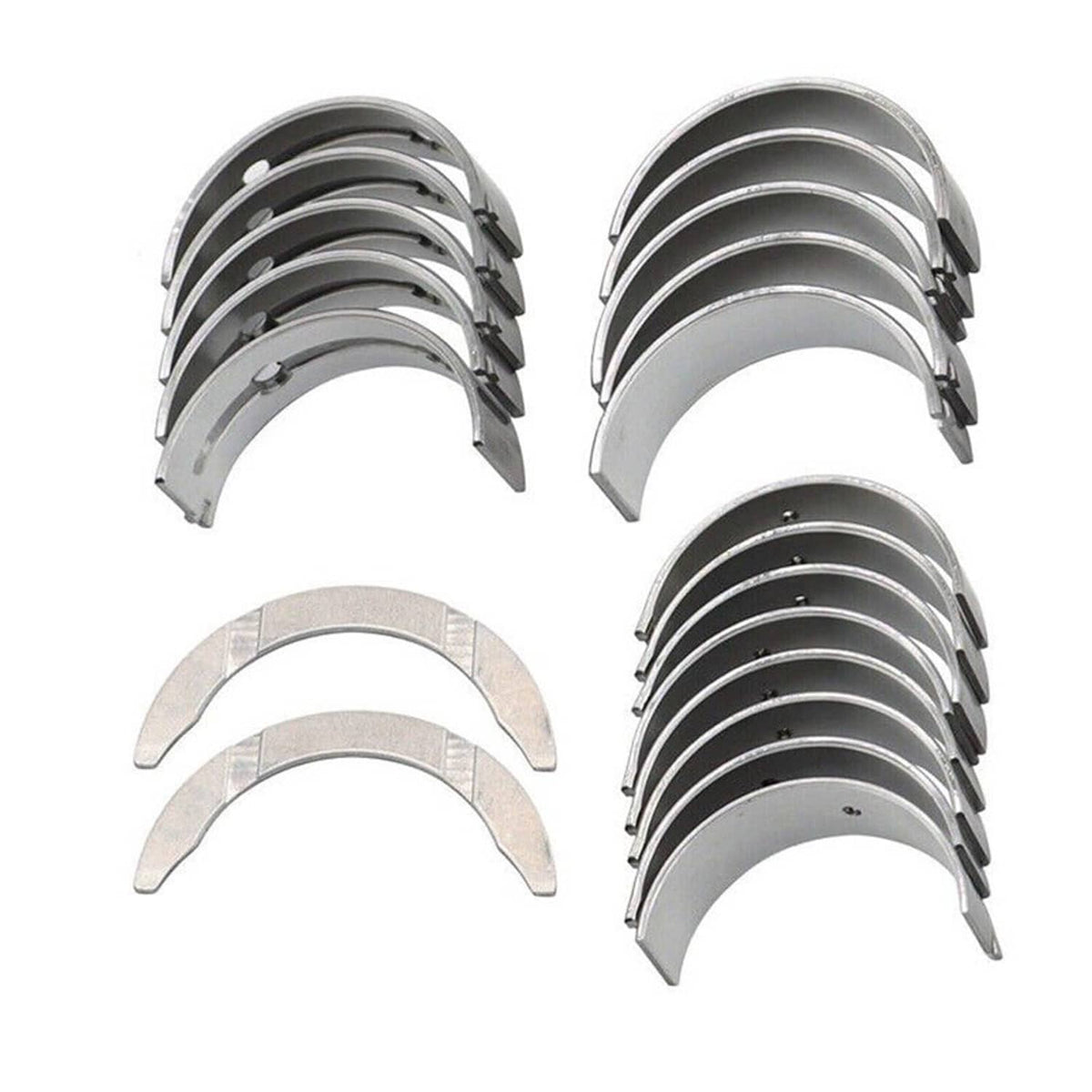 Main and rod bearing kit with multiple stacked silver bearing shells and gray inserts