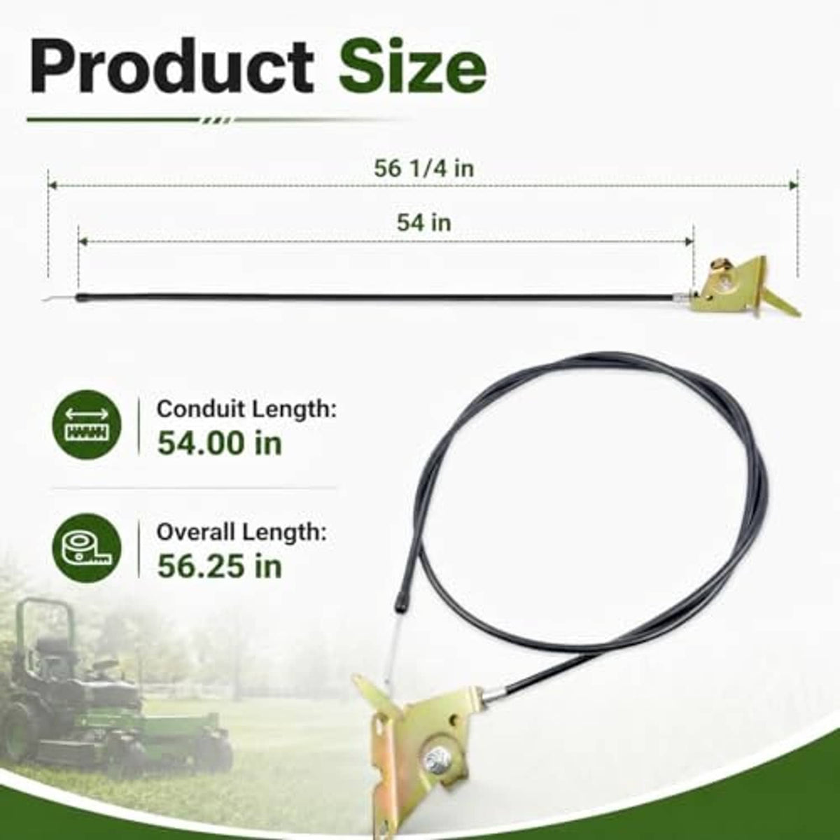 Throttle control cable with yellow-green bracket and black conduit, measured length