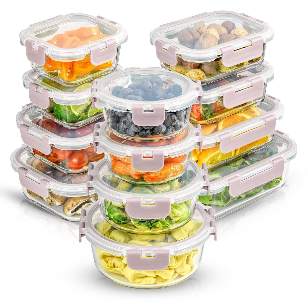 JoyJolt borosilicate glass storage containers, 24-pack set with pink silicone-lid accents