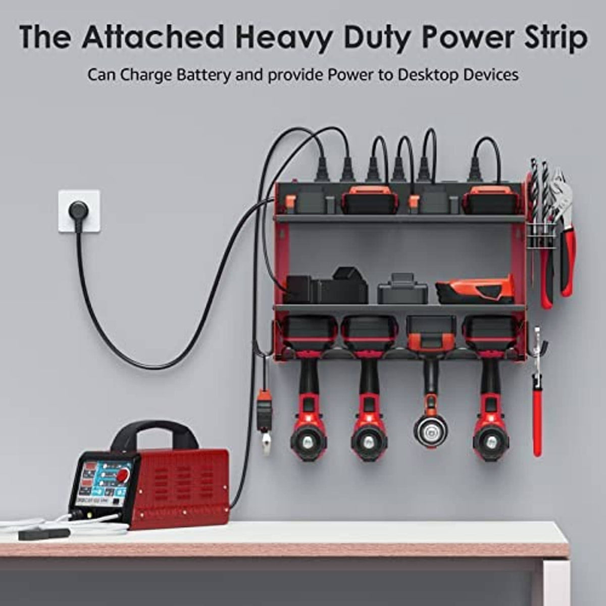 Red wall-mounted power tool organizer with attached power strip and built-in battery charging