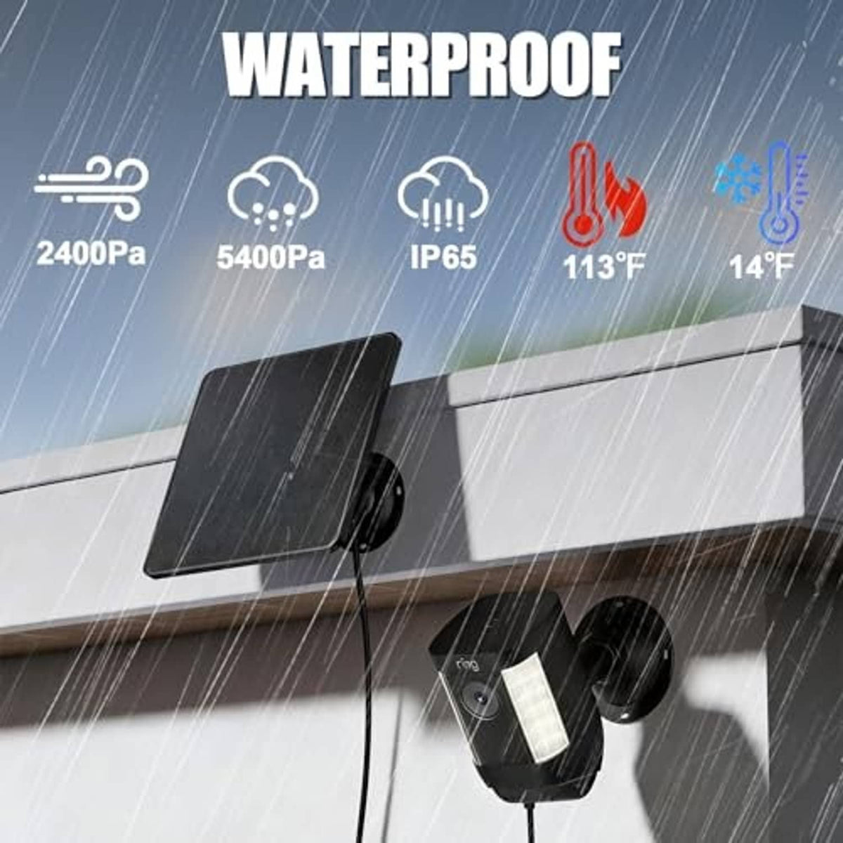 Black solar panel charger on wall mount with power cord and camera light module