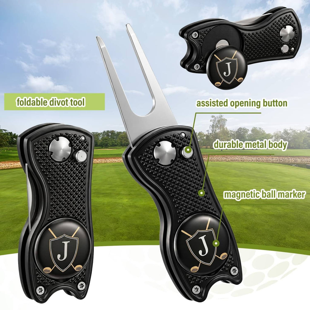 Black folding golf divot tool with magnetic ball marker and durable metal body