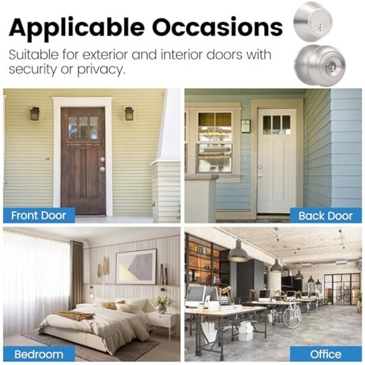 Brushed nickel exterior door knob with lock for front and back doors, privacy or security.