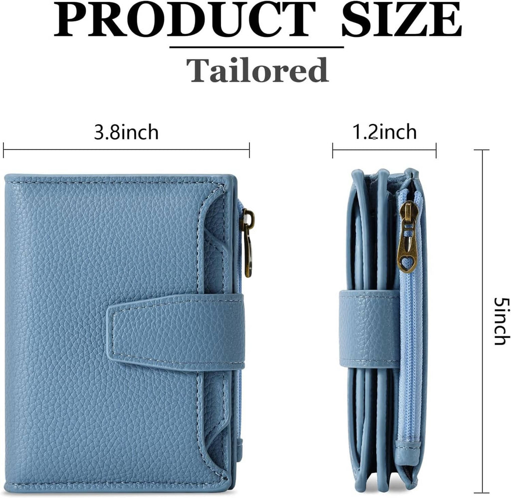 Sky blue compact bifold wallet with front tab and small side zipper pocket