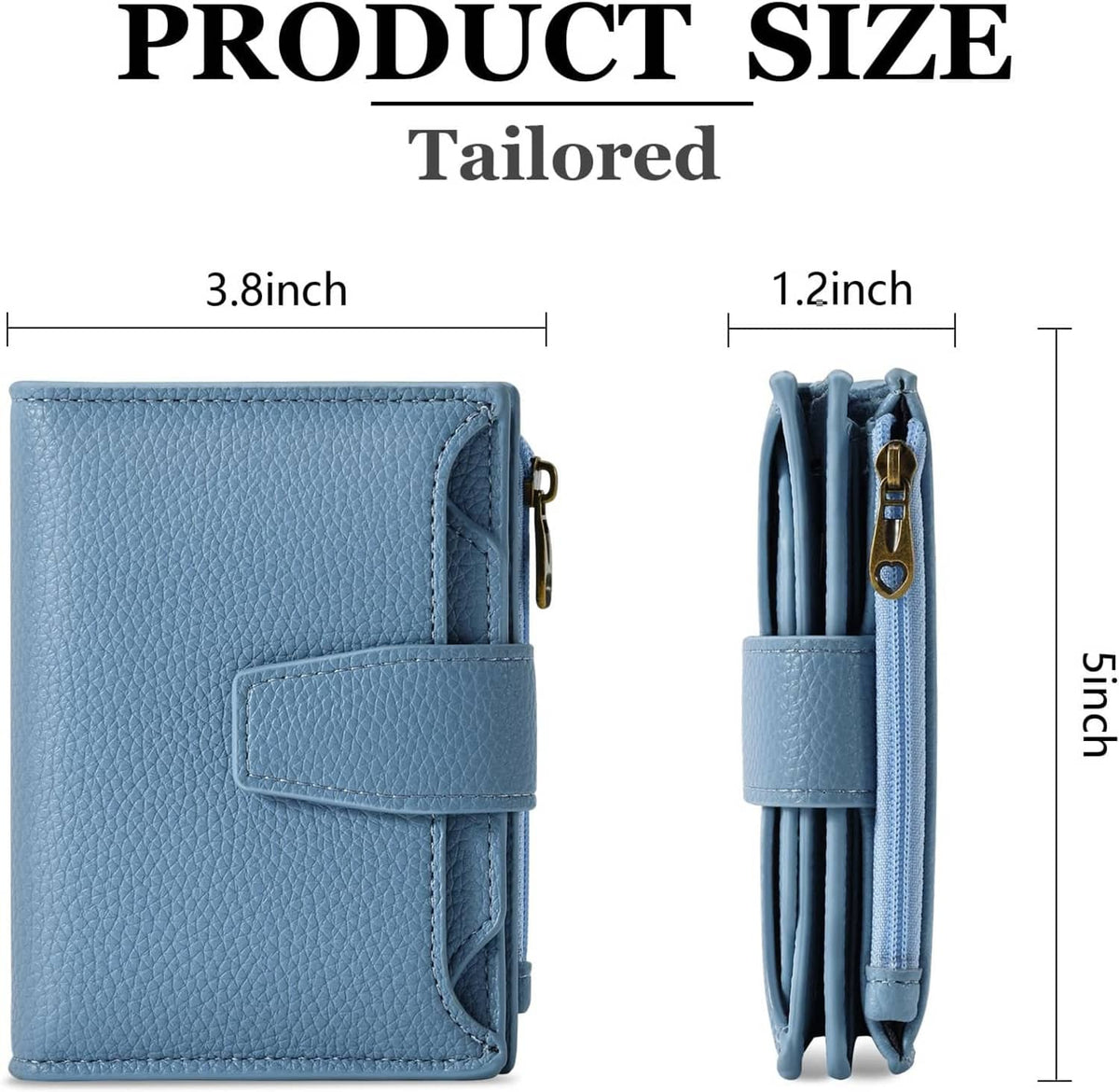 Sky blue compact bifold wallet with front tab and small side zipper pocket