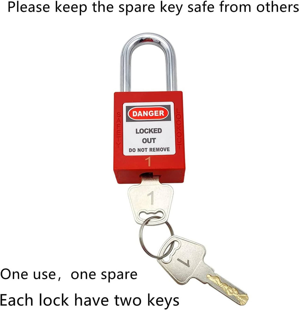 Red lockout padlock with Danger Locked Out label and two metal keys on key ring