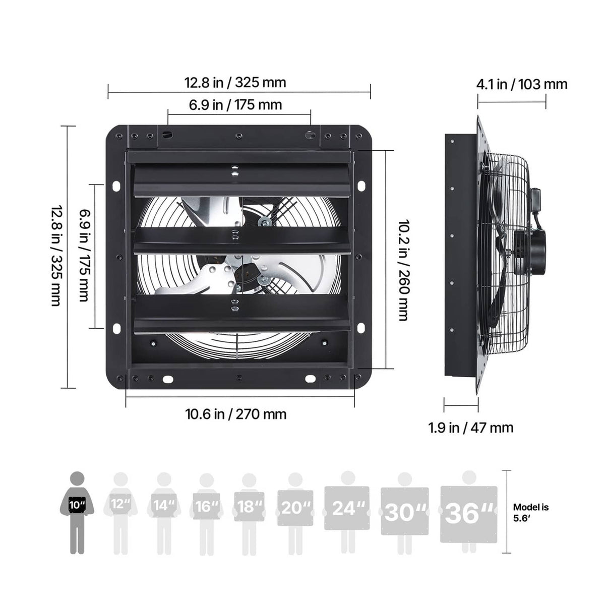 10-inch wall-mount shutter exhaust fan diagram with front and side dimensions