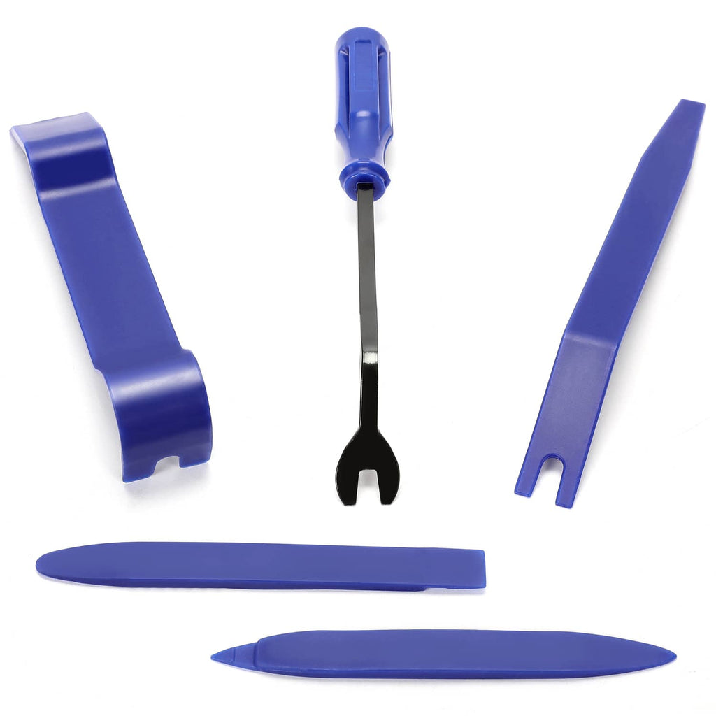 Blue plastic trim tools with black metal fork pry tool and flat removal pieces