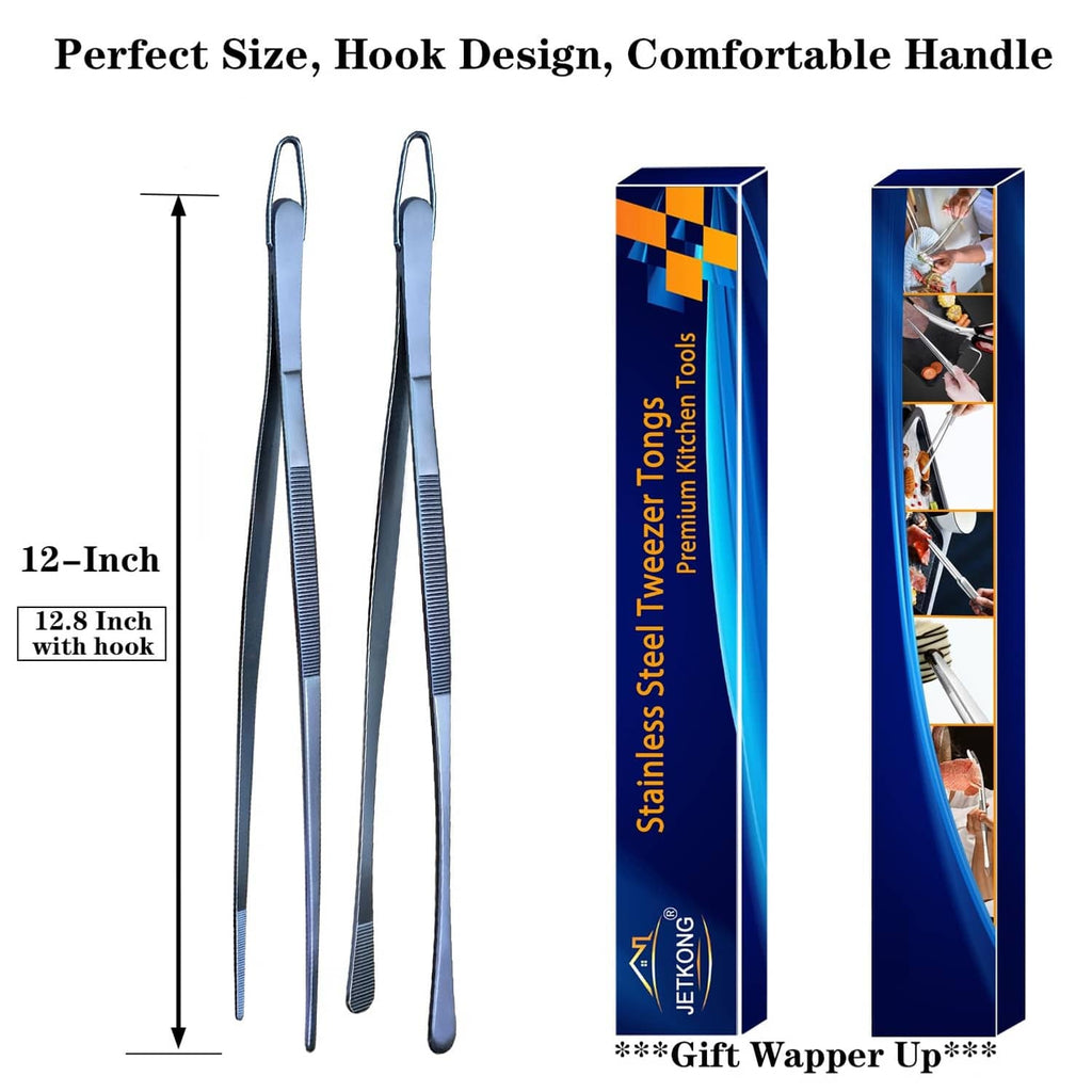 12-inch navy stainless steel cooking tweezer tongs, two-piece set with hook design