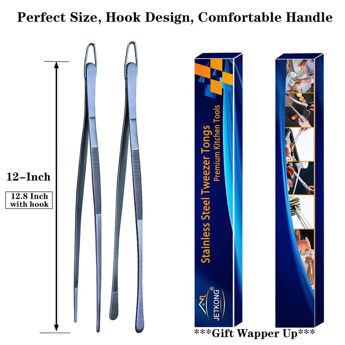 12-inch navy stainless steel cooking tweezer tongs, two-piece set with hook design