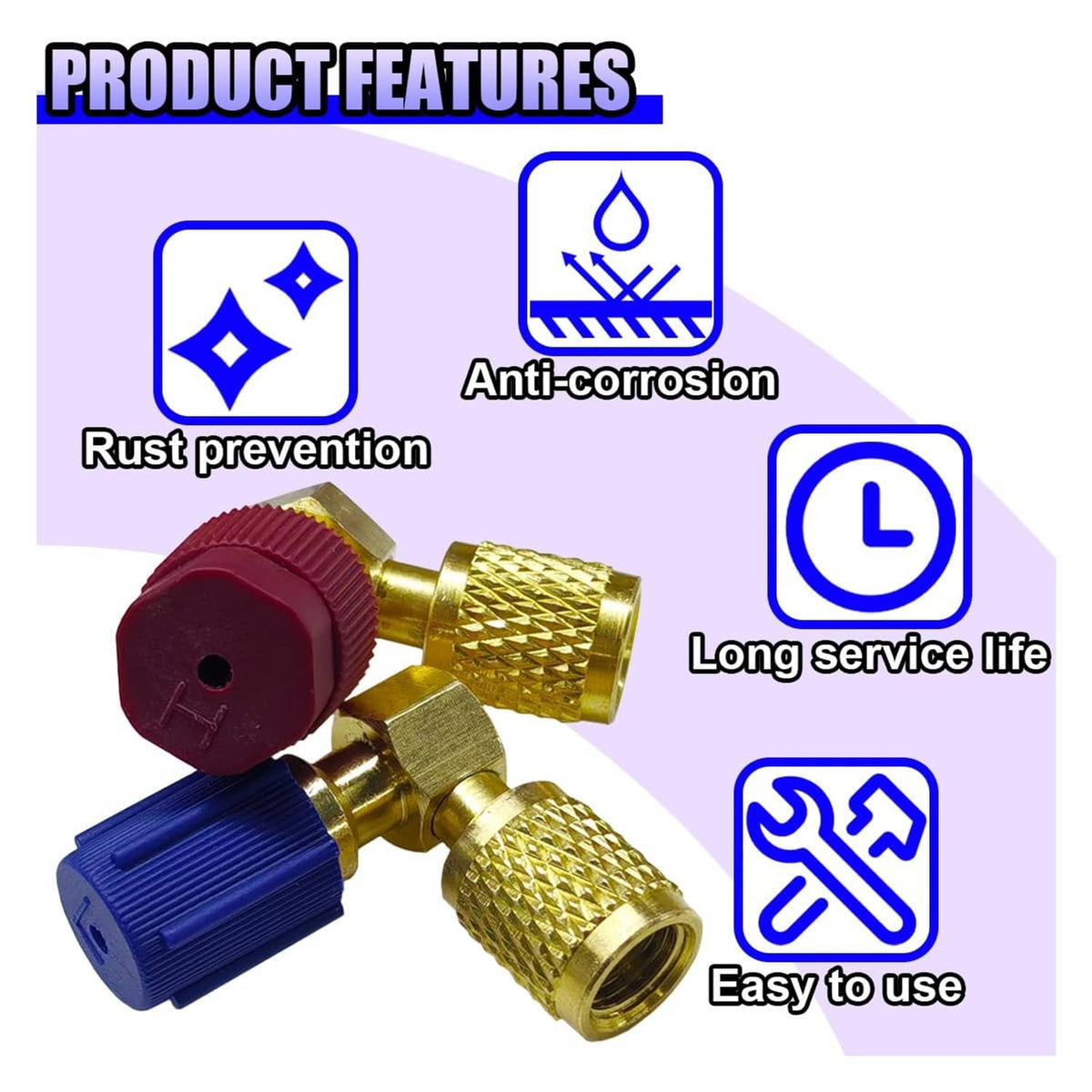 Gold A/C adapter fittings with textured grips and red and blue protective caps