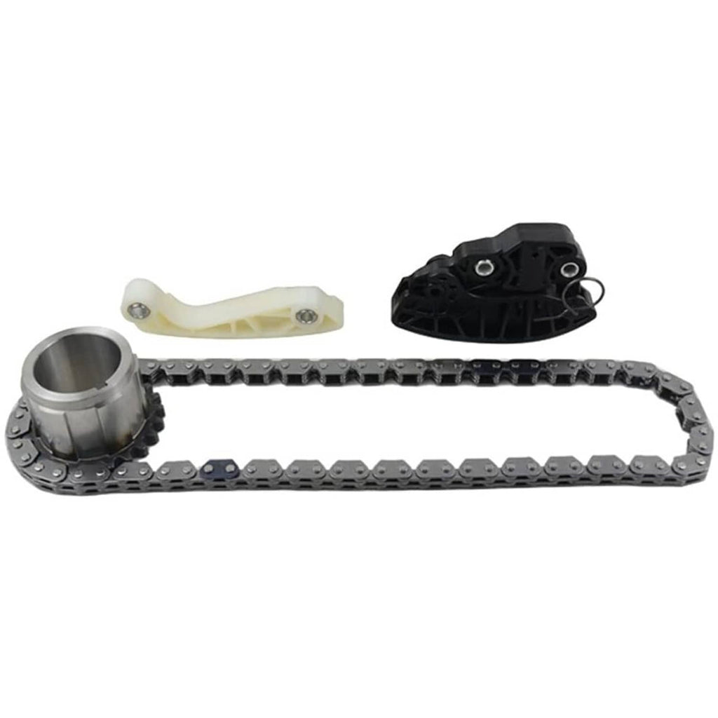 Camshaft components with black housing, chain section, and silver bearing cup