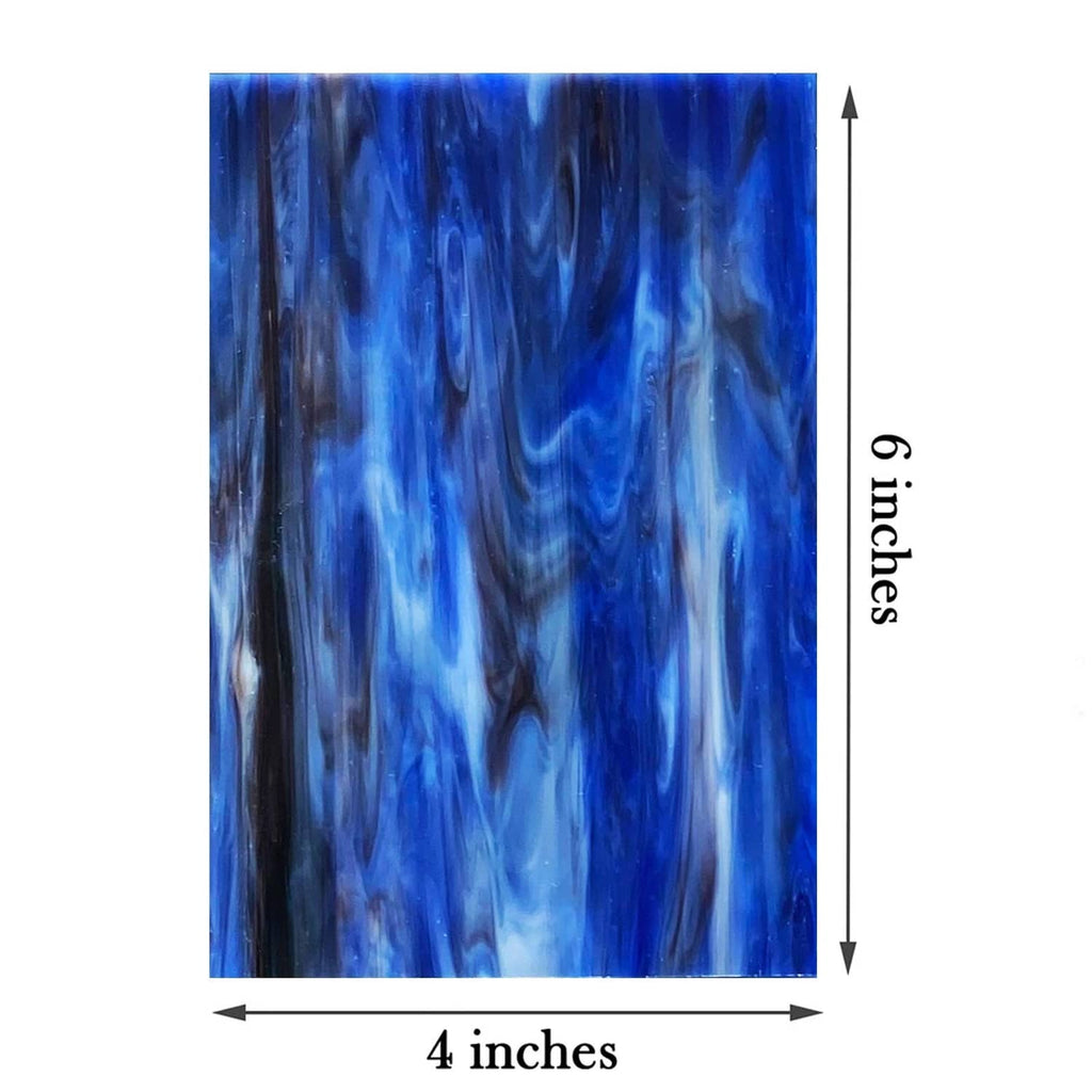Blue stained glass mosaic sheet, 4 in x 6 in size guide with abstract streaks