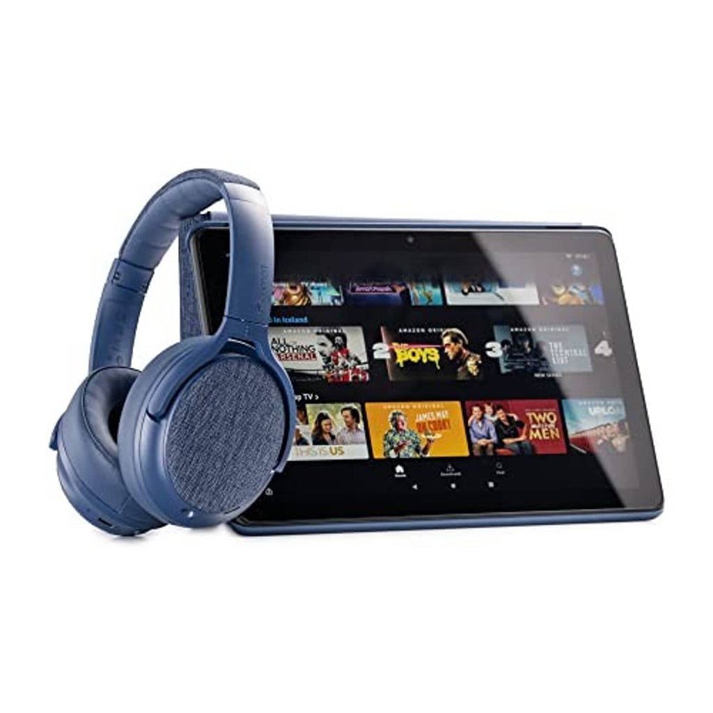 Blue over-ear headphones beside a tablet screen