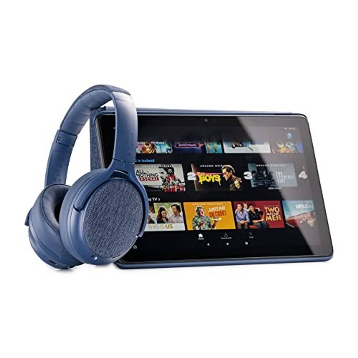 Blue over-ear headphones beside a tablet screen