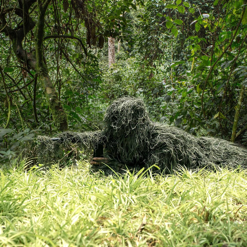 Green 3D ghillie camouflage suit with hooded jacket and pants, full-body fiber cover.